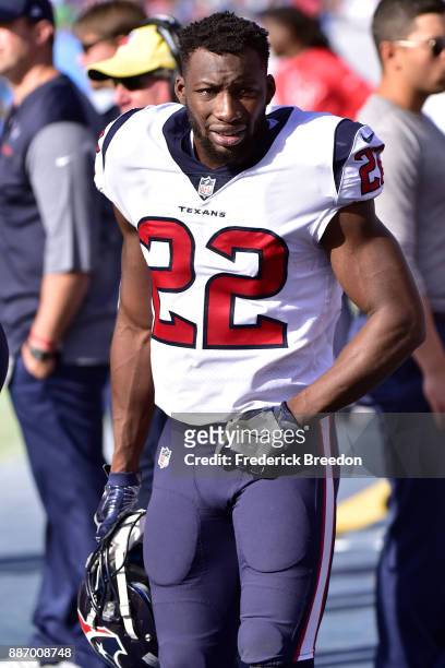 Jordan Todman of the Houston Texans watches from the sideline during a game against the Tennessee Titans at Nissan Stadium on December 3, 2017 in...