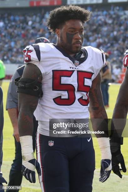 Benardrick McKinney of the Houston Texans leaves the field after the first half of a game against the Tennessee Titans at Nissan Stadium on December...