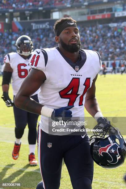 Zach Cunningham of the Houston Texans leaves the field after the first half of a game against the Tennessee Titans at Nissan Stadium on December 3,...