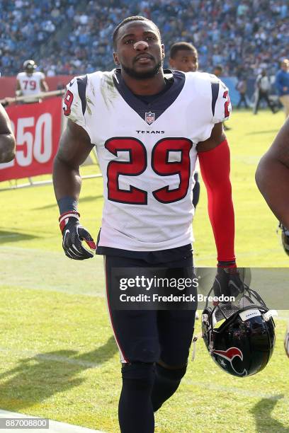 Andre Hal of the Houston Texans leaves the field after the first half of a game against the Tennessee Titans at Nissan Stadium on December 3, 2017 in...