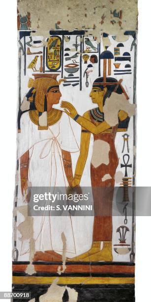 Egypt, Thebes - Luxor - Valley of the Queens. Tomb of Nefertari. Burial chamber. Pillar. Mural paintings. Isis and queen Digital reconstruction