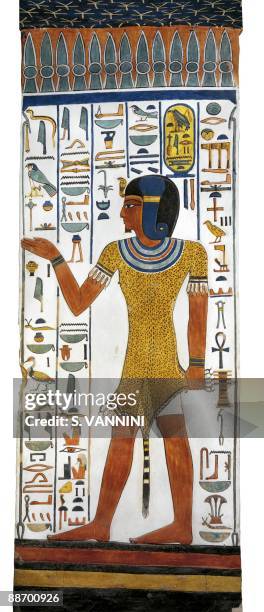 Egypt, Thebes - Luxor - Valley of the Queens. Tomb of Nefertari. Burial chamber. Pillar. Mural paintings. Digital reconstruction