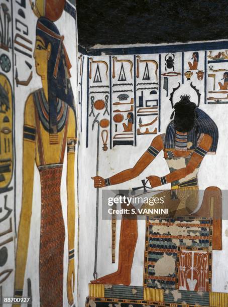 Egypt, Thebes - Luxor - Valley of the Queens. Tomb of Nefertari. Vestibule. Mural paintings. Scarab-head sun-god Khepri