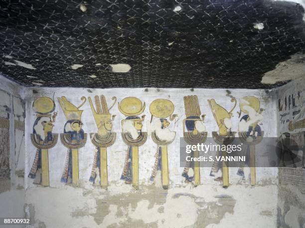 Egypt, Thebes - Luxor - Valley of the Kings. Tomb of Ramses III. Annexes to corridor. Mural paintings. Heads of divinities