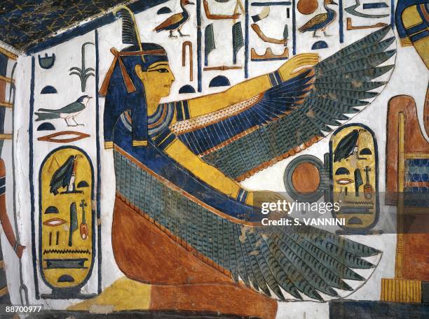 Egypt, Thebes - Luxor - Valley of the Queens. Tomb of Nefertari. Staircase. Mural paintings. Goddess Ma'at spreads wings for protection