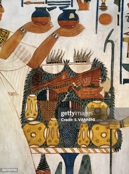 Egypt, Thebes - Luxor - Valley of the Queens. Tomb of Nefertari. Staircase. Mural paintings. Table of offerings