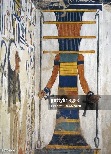 Egypt, Thebes - Luxor - Valley of the Queens. Tomb of Nefertari. Annex to burial chamber. Mural paintings. 'Djed' pillar represents Osiris' backbone...