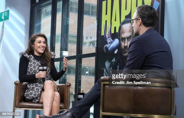 Actress Lili Mirojnick and moderator Ricky Camilleri attend Build to discuss "Happy!" at Build Studio on December 6, 2017 in New York City.