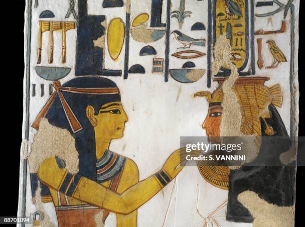 Egypt, Thebes - Luxor - Valley of the Queens. Tomb of Nefertari. Burial chamber. Pillar. Mural paintings. Isis and queen