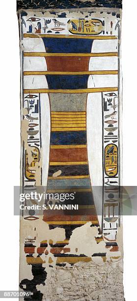 Egypt, Thebes - Luxor - Valley of the Queens. Tomb of Nefertari. Burial chamber. Pillar. Mural paintings. 'Djed' pillar represents Osiris' backbone...