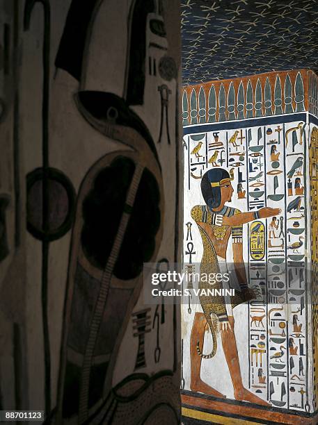 Egypt, Thebes - Luxor - Valley of the Queens. Tomb of Nefertari. Burial chamber. Mural paintings. 'Iun-mutef' Horus