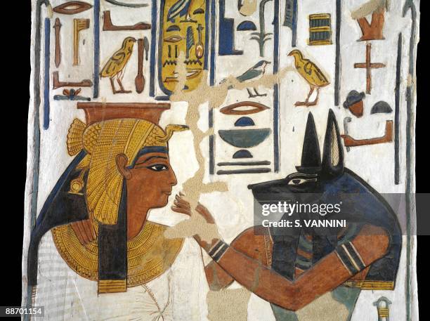 Egypt, Thebes - Luxor - Valley of the Queens. Tomb of Nefertari. Burial chamber. Pillar. Mural paintings. Queen before god Anubis