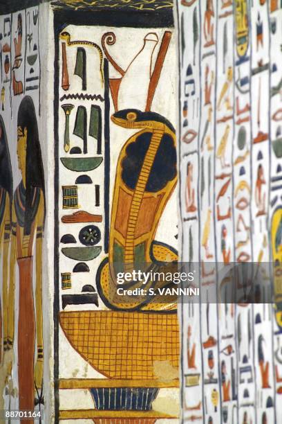 Egypt, Thebes - Luxor - Valley of the Queens. Tomb of Nefertari. Burial chamber. Mural paintings. Uraeus serpent