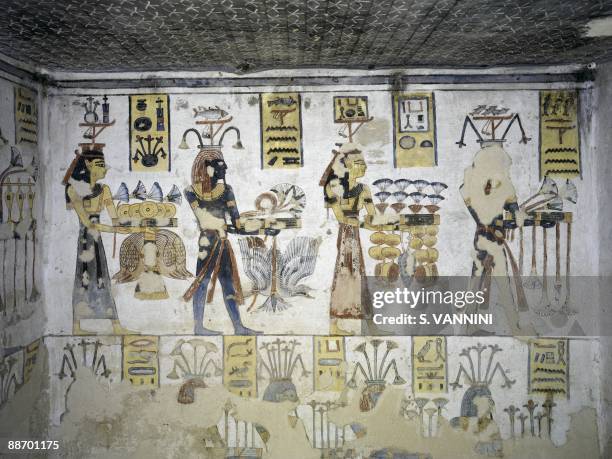 Egypt, Thebes - Luxor - Valley of the Kings. Tomb of Ramses III. Annexes to corridor. Mural paintings. Ritual offerings