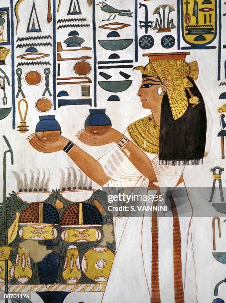 Egypt, Thebes - Luxor - Valley of the Queens. Tomb of Nefertari. Staircase. Mural paintings. Queen offering ritual vases