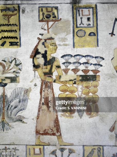 Egypt, Thebes - Luxor - Valley of the Kings. Tomb of Ramses III. Annexes to corridor. Mural paintings. Ritual offerings