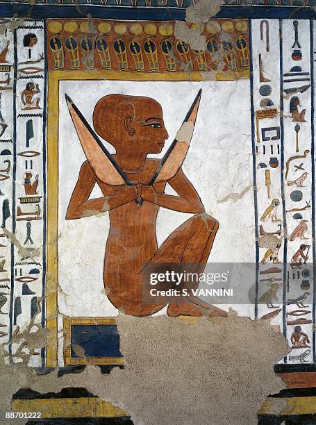 Egypt, Thebes - Luxor - Valley of the Queens. Tomb of Nefertari. Burial chamber. Mural paintings. Guardian at fifth gate of Osiris' kingdom Henty-reki