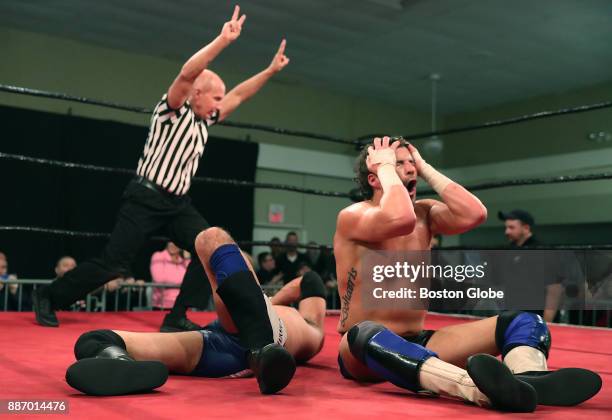 Chase Del Monte , a villain with Chaotic Wrestling, reacts after falling short of a pin on The Greek Freak Elia Markopoulos during their CW...
