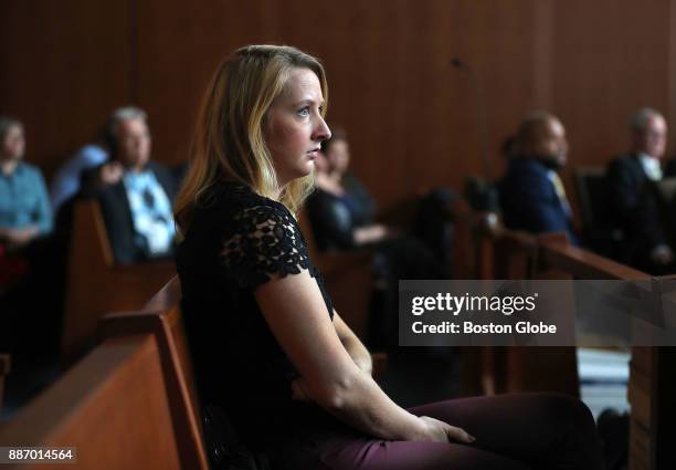 Danielle Messier, the sister of Joshua Messier, sits in the courtroom as a surveillance video of her brother being handled by the defendants is show...