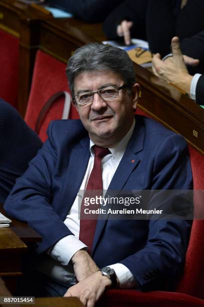 Leader of 'La France Insoumise' Jean Luc Melenchon reacts as Ministers answer deputies questions during the weekly session of questions to the...