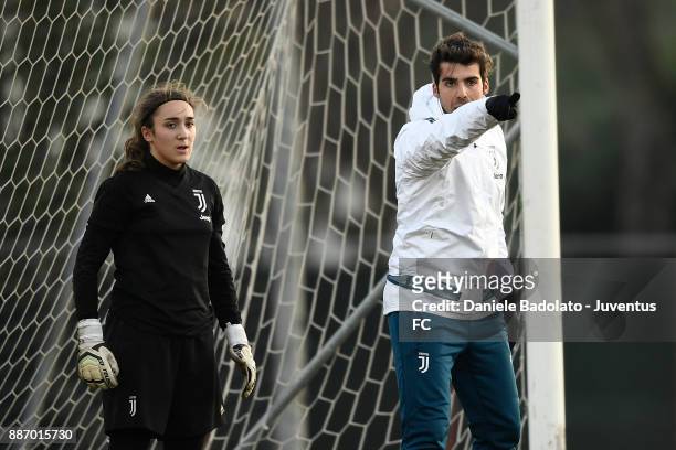 Adelaide Serafino and Giuseppe Mammoliti during the Juventus Women Training Session on December 6, 2017 in Turin, Italy.