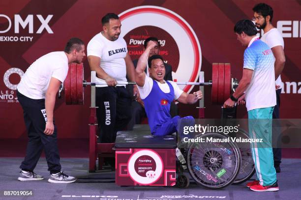 First place Van Cong Le of Vietnam celebrates during the Men's Up to 49Kg Group A Category as part of day 3 of the World Para Powerlifting...