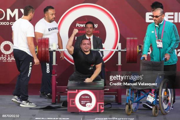 Omar Qarada of Jordan celebrates during the Men's Up to 49Kg Group A Category as part of day 3 of the World Para Powerlifting Championship Mexico...