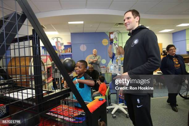 Bojan Bogdanovic of the Indiana Pacers visits Peyton Manning Childrens Hospital at St. Vincent as part of Pacers Cares and the NBA Cares Season of...