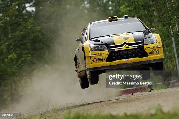 Evgeny Novikov of Russia and Dale Moscatt of Australia compete in their Citroen C 4 Junior Team during the Leg 1 of the WRC Rally of Poland in...