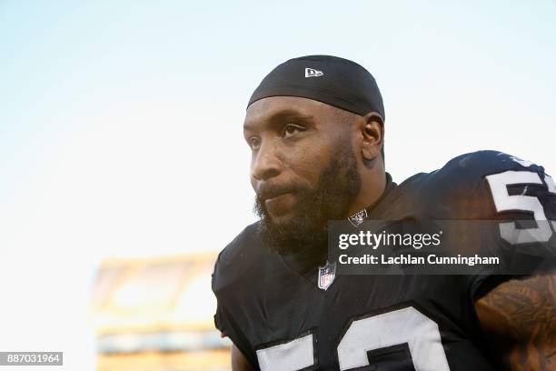 NaVorro Bowman of the Oakland Raiders leaves the field after a win against the New York Giants at Oakland-Alameda County Coliseum on December 3, 2017...