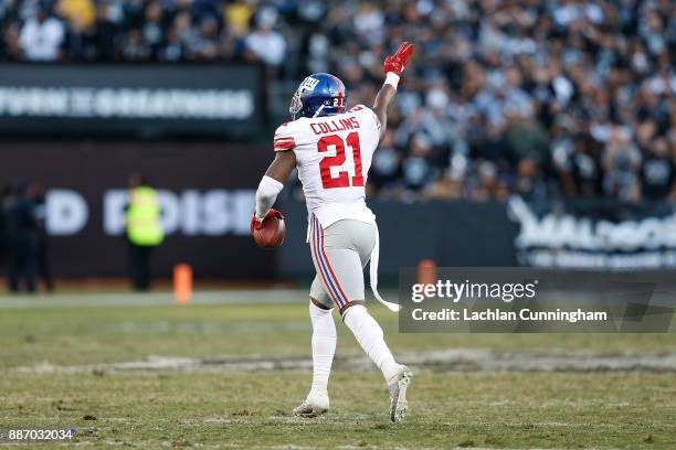 Landon Collins of the New York Giants celebrates after recovering a fumble by Johnny Holton of the Oakland Raiders at Oakland-Alameda County Coliseum...