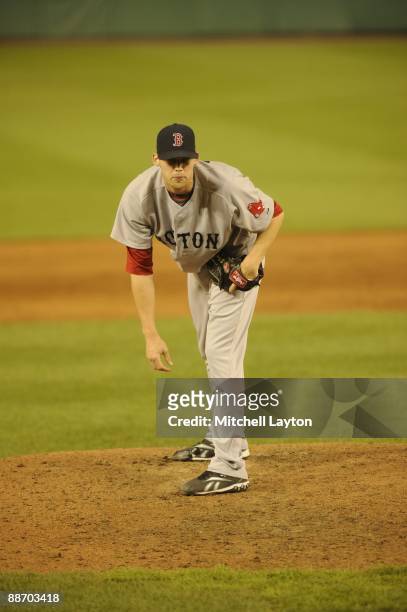 Daniel Bard of the Boston Red Sox pitches during a baseball game against the Washington Nationals on June 23, 2009 at Nationals Park in Washington...