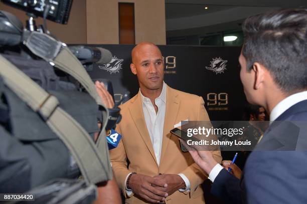 Jason Taylor attends The Miami Dolphins 'Hall of Fame Celebration' hosting Jason Taylor at Hard Rock Stadium on December 02, 2017 in Miami Gardens,...