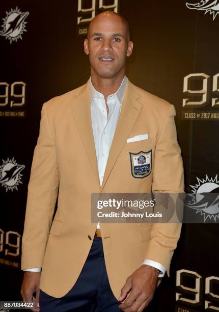 Jason Taylor attends The Miami Dolphins 'Hall of Fame Celebration' hosting Jason Taylor at Hard Rock Stadium on December 02, 2017 in Miami Gardens,...