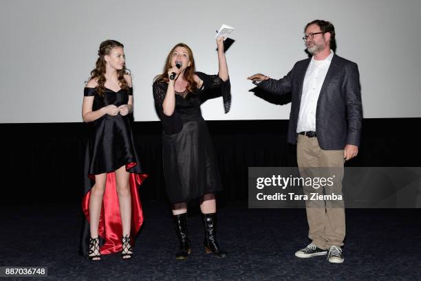 Actress Kira McLean, writer/director Colette Burson and actor Rainn Wilson attend the Magnolia Pictures' Los Angeles premiere of 'Permanent' at Wood...