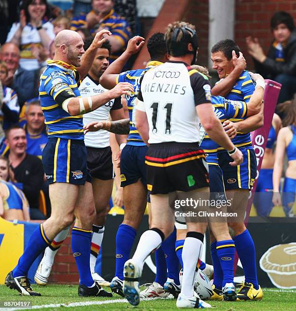 Ryan Hall of Leeds Rhinos celebrates his try during the Engage Super League match between Leeds Rhinos and Bradford Bulls at Headingley Stadium on...