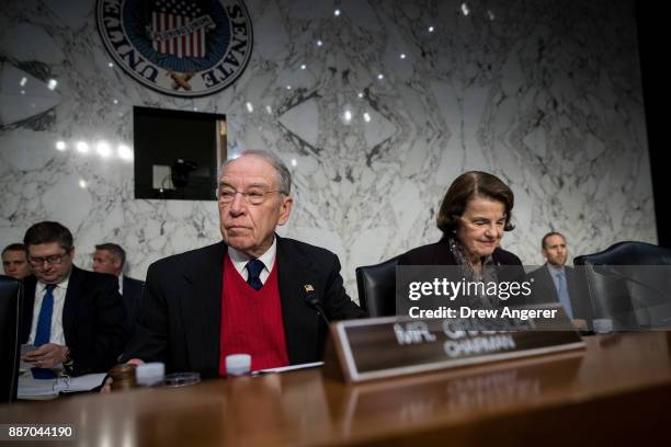 Committee chairman Sen. Chuck Grassley and ranking member Sen. Dianne Feinstein arrive for a Senate Judiciary Committee hearing concerning firearm...