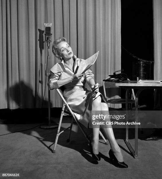 Marlene Dietrich while recording. She portrays Dianne La Volte on the CBS Radio adventure drama program A Time For Love. October 16, 1953. New York,...