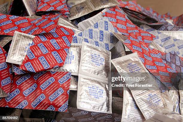 Conterfeit condoms are displayed at the Counterfeit Museum on June 25, 2009 in Paris, France. The museum serves to highlight the impact that fake...