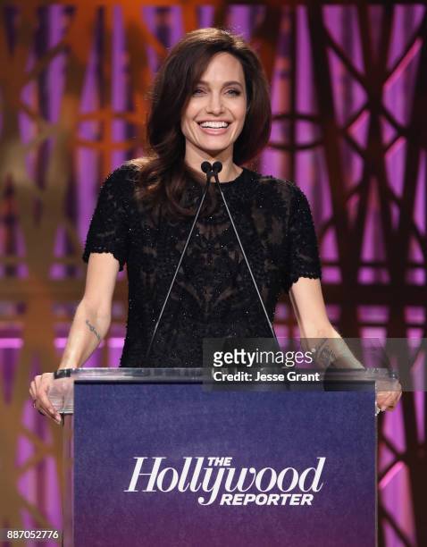 Angelina Jolie speaks onstage at The Hollywood Reporter's 2017 Women In Entertainment Breakfast at Milk Studios on December 6, 2017 in Los Angeles,...