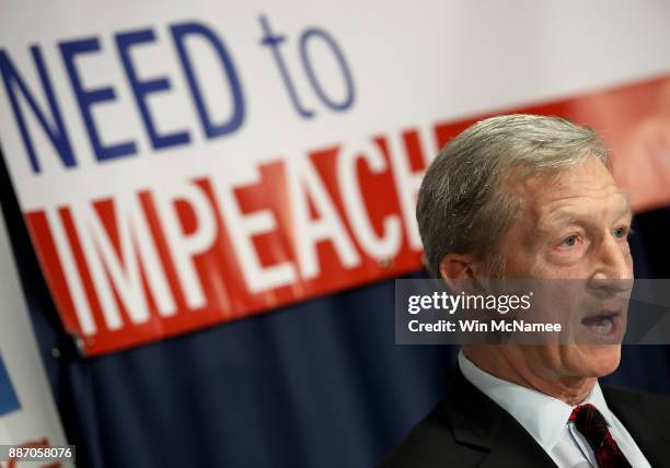 Billionaire hedge fund manager and philanthropist Tom Steyer speaks during a press conference at the National Press Club December 6, 2017 in...