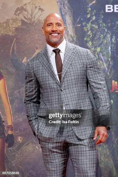 Actor Dwayne Johnson attends the German premiere of 'Jumanji: Willkommen im Dschungel' at Sony Centre on December 6, 2017 in Berlin, Germany.