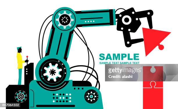 engineer (businessman) using joystick to operate robotic arm to finish jigsaw puzzle (up arrow), side view, partnership, artificial intelligence to benefit people and society - robot hand human hand stock illustrations
