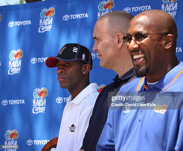 The Cleveland Cavaliers first round draft pick Christian Eyenga sits alongside general manager Danny Ferry and head coach Mike Brown at the Toyota...