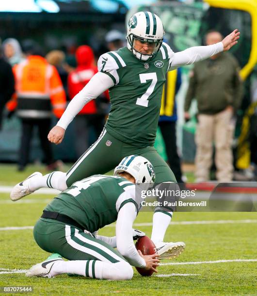 Chandler Catanzaro of the New York Jets kicks a field goal in an NFL football game against the Carolina Panthers on November 26, 2017 at MetLife...