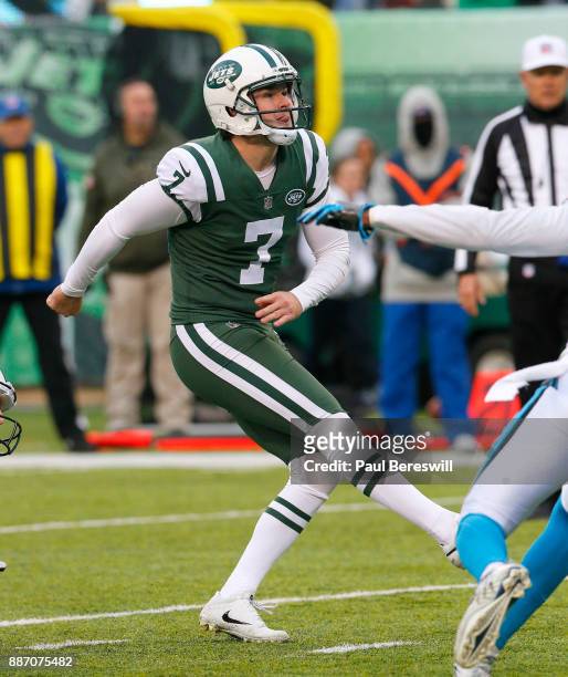 Chandler Catanzaro of the New York Jets kicks a field goal in an NFL football game against the Carolina Panthers on November 26, 2017 at MetLife...