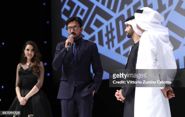 Irrfan Khan speaks on stage receives his Honorary Award from HH Sheikh Mansoor bin Mohammed bin Rashid Al Maktoum and DIFF Chairman Abdulhamid Juma...