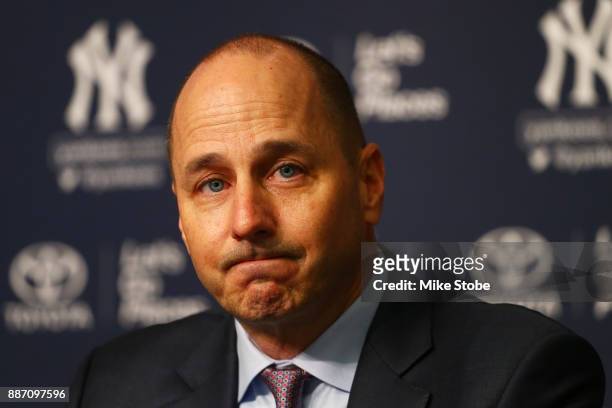 Senior Vice President, General Manager Brian Cashman speaks to the media prior to introducing Aaron Boone as New York Yankee manager at Yankee...