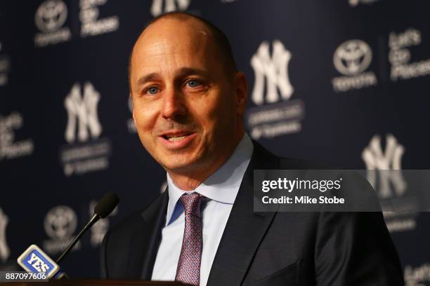 Senior Vice President, General Manager Brian Cashman speaks to the media prior to introducing Aaron Boone as New York Yankee manager at Yankee...