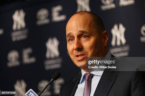 Senior Vice President, General Manager Brian Cashman speaks to the media prior to introducing Aaron Boone as New York Yankee manager at Yankee...